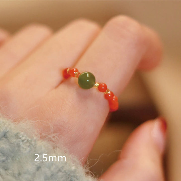 Buddha Stones 925 Sterling Silver Natural Small Hetian Jade Red Agate Pearl Bead Prosperity Elastic Ring - Red Agate(Elastic String) - image 6