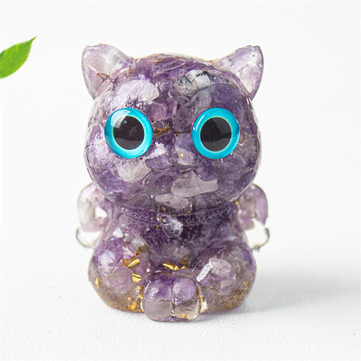Buddha Stones Cute Cat Lazurite Amethyst Black Obsidian Aquamarine Crystal Resin Positive Home Decoration - Amethyst 5.5*4.5*3.5cm - image 8