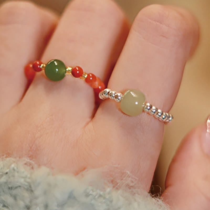 Buddha Stones 925 Sterling Silver Natural Small Hetian Jade Red Agate Pearl Bead Prosperity Elastic Ring - image 14