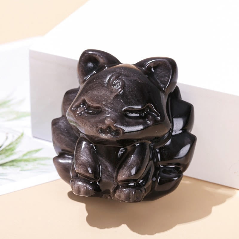 Buddha Stones Natural Silver Sheen Obsidian Nine Tailed Fox Protection Home Decoration