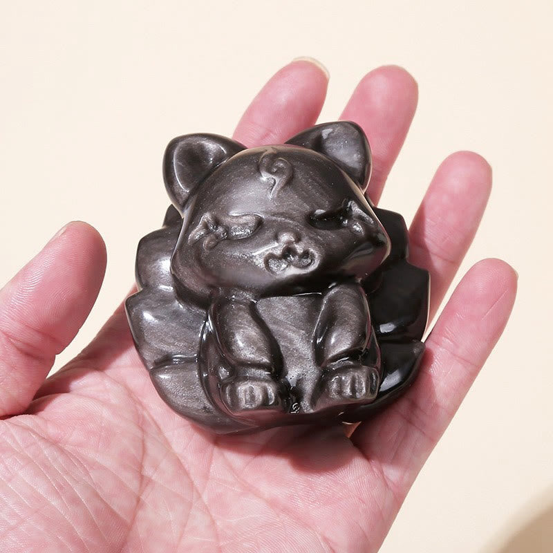 Buddha Stones Natural Silver Sheen Obsidian Nine Tailed Fox Protection Home Decoration