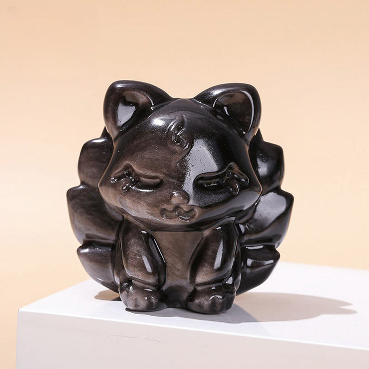 Buddha Stones Natural Silver Sheen Obsidian Nine Tailed Fox Protection Home Decoration