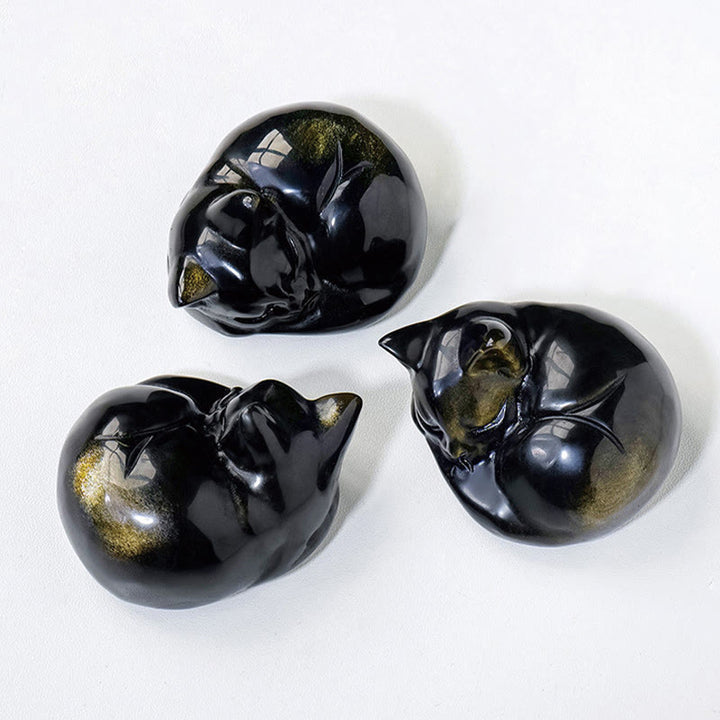 Buddha Stones Natural Gold Sheen Obsidian Sleeping Cat Statue Home Decoration - image 8