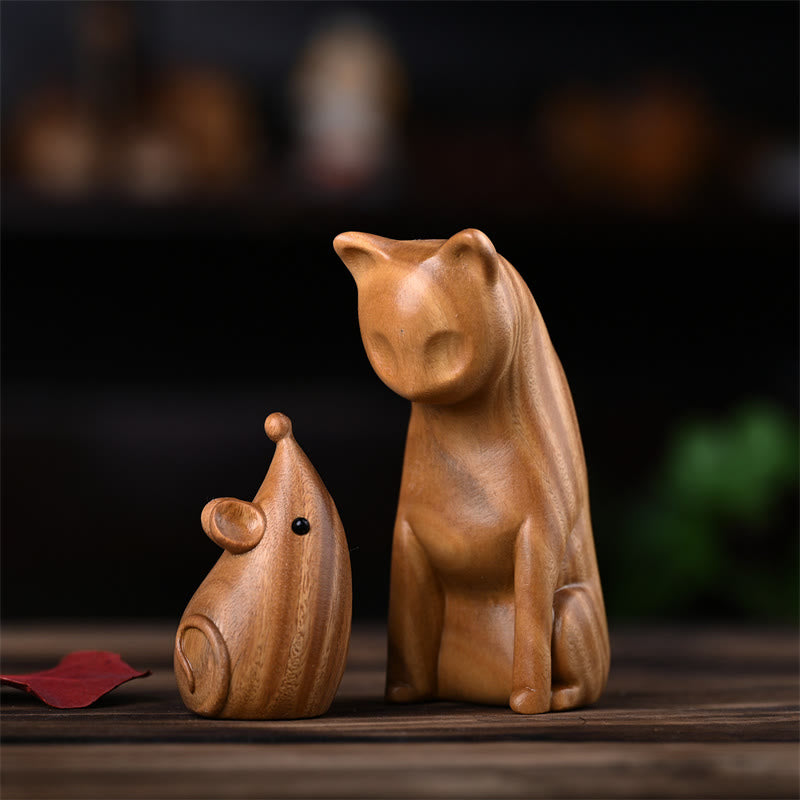 Buddha Stones Small Cat Mouse Green Sandalwood African Red Rosewood Peace Home Decoration - Green Sandalwood Cat And Mouse 9*4*4cm - image 1