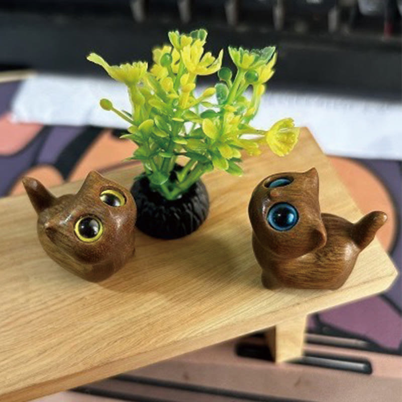 Buddha Stones Green Sandalwood Ebony Wood Sandalwood Small Leaf Red Sandalwood Mini Lucky Cat Peace Decoration - 2Pcs Green sandalwood Cats - image 26