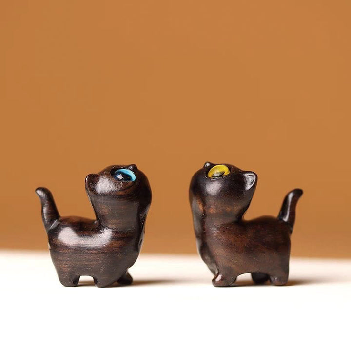 Buddha Stones Green Sandalwood Ebony Wood Sandalwood Small Leaf Red Sandalwood Mini Lucky Cat Peace Decoration - 2Pcs Ebony Wood Cats - image 32