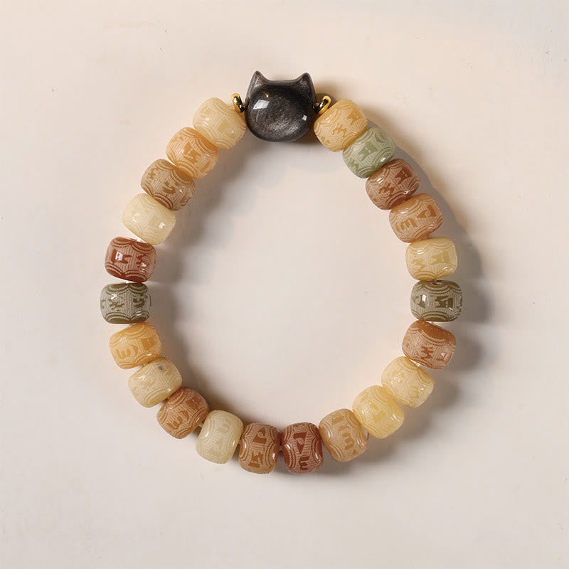 Buddha Stones Bodhi Seed Om Mani Padme Hum Carved Silver Sheen Obsidian Cat Head Wisdom Bracelet - image 2