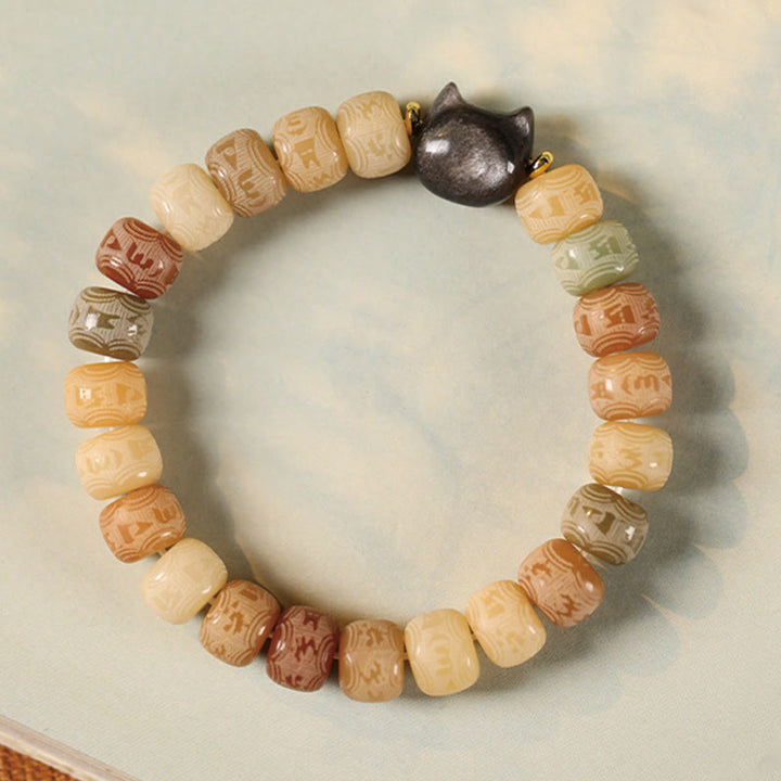 Buddha Stones Bodhi Seed Om Mani Padme Hum Carved Silver Sheen Obsidian Cat Head Wisdom Bracelet - image 3