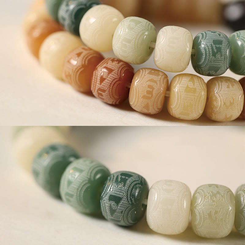 Buddha Stones Bodhi Seed Om Mani Padme Hum Carved Silver Sheen Obsidian Cat Head Wisdom Bracelet - image 15