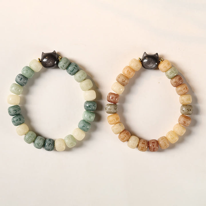 Buddha Stones Bodhi Seed Om Mani Padme Hum Carved Silver Sheen Obsidian Cat Head Wisdom Bracelet - image 17