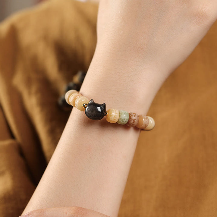 Buddha Stones Bodhi Seed Om Mani Padme Hum Carved Silver Sheen Obsidian Cat Head Wisdom Bracelet - image 5