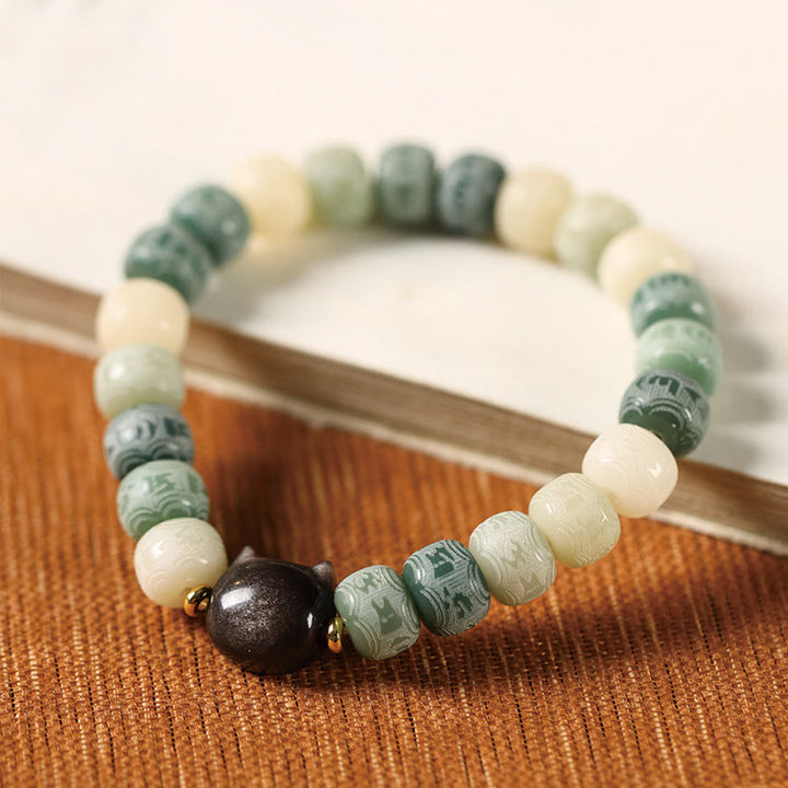 Buddha Stones Bodhi Seed Om Mani Padme Hum Carved Silver Sheen Obsidian Cat Head Wisdom Bracelet - image 11