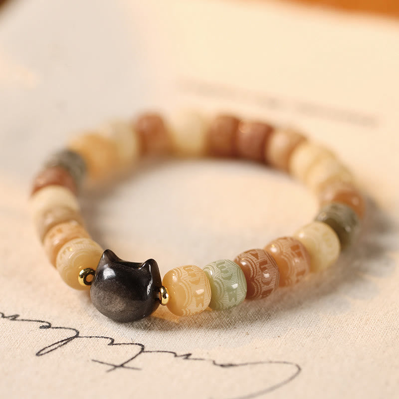 Buddha Stones Bodhi Seed Om Mani Padme Hum Carved Silver Sheen Obsidian Cat Head Wisdom Bracelet - 8*10mm Yellow Bodhi Seed(Wrist Circumference 14-16cm) - image 1