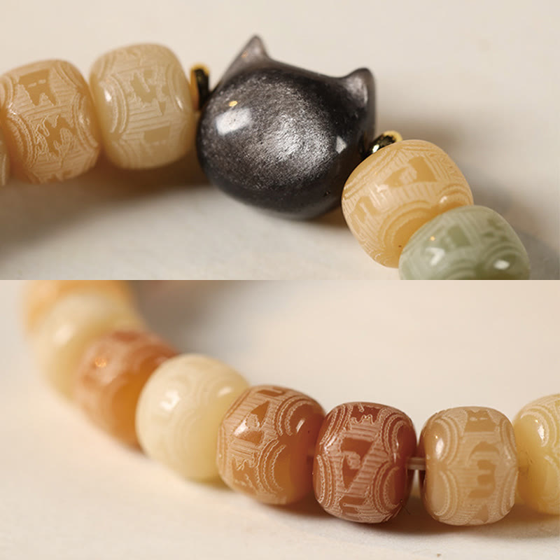 Buddha Stones Bodhi Seed Om Mani Padme Hum Carved Silver Sheen Obsidian Cat Head Wisdom Bracelet - image 6