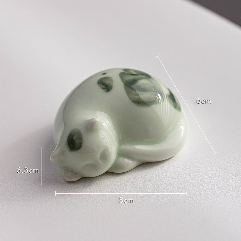 Buddha Stones Mini Lucky Cute Spotted Standing Cat Sleeping Kitten Ceramic Figurine Decoration - Green Sleeping Cat 8*6*3.3cm - image 18
