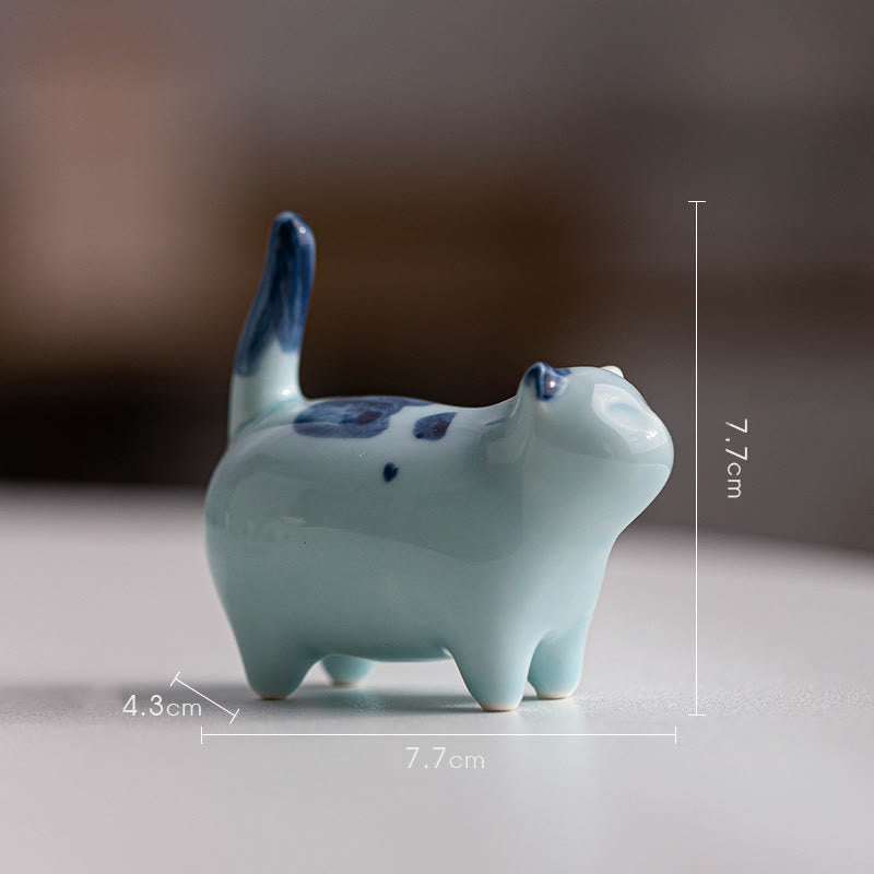 Buddha Stones Mini Lucky Cute Spotted Standing Cat Sleeping Kitten Ceramic Figurine Decoration - Blue Standing Cat 7.7*4.3*7.7cm - image 14