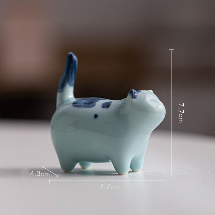 Buddha Stones Mini Lucky Cute Spotted Standing Cat Sleeping Kitten Ceramic Figurine Decoration - Blue Standing Cat 7.7*4.3*7.7cm - image 14