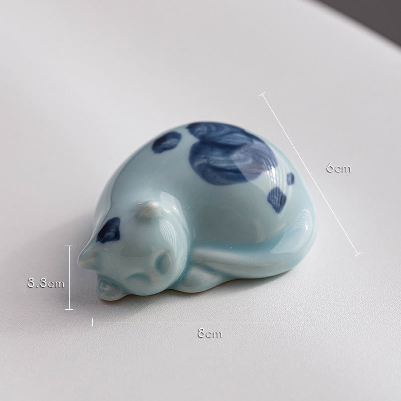 Buddha Stones Mini Lucky Cute Spotted Standing Cat Sleeping Kitten Ceramic Figurine Decoration - Blue Sleeping Cat 8*6*3.3cm - image 23