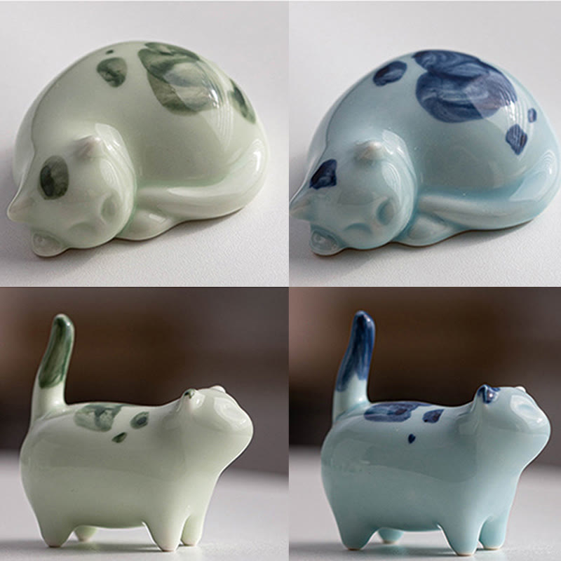 Buddha Stones Mini Lucky Cute Spotted Standing Cat Sleeping Kitten Ceramic Figurine Decoration - image 24