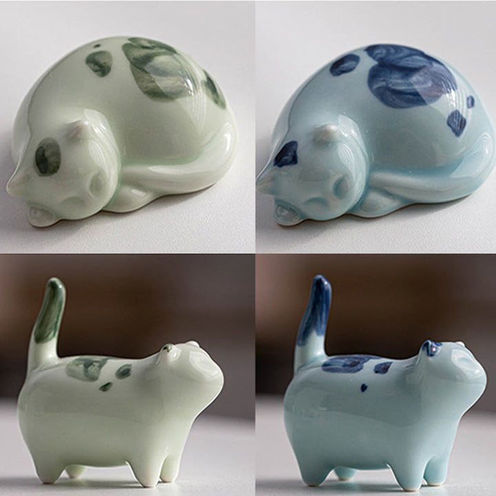 Buddha Stones Mini Lucky Cute Spotted Standing Cat Sleeping Kitten Ceramic Figurine Decoration - image 24