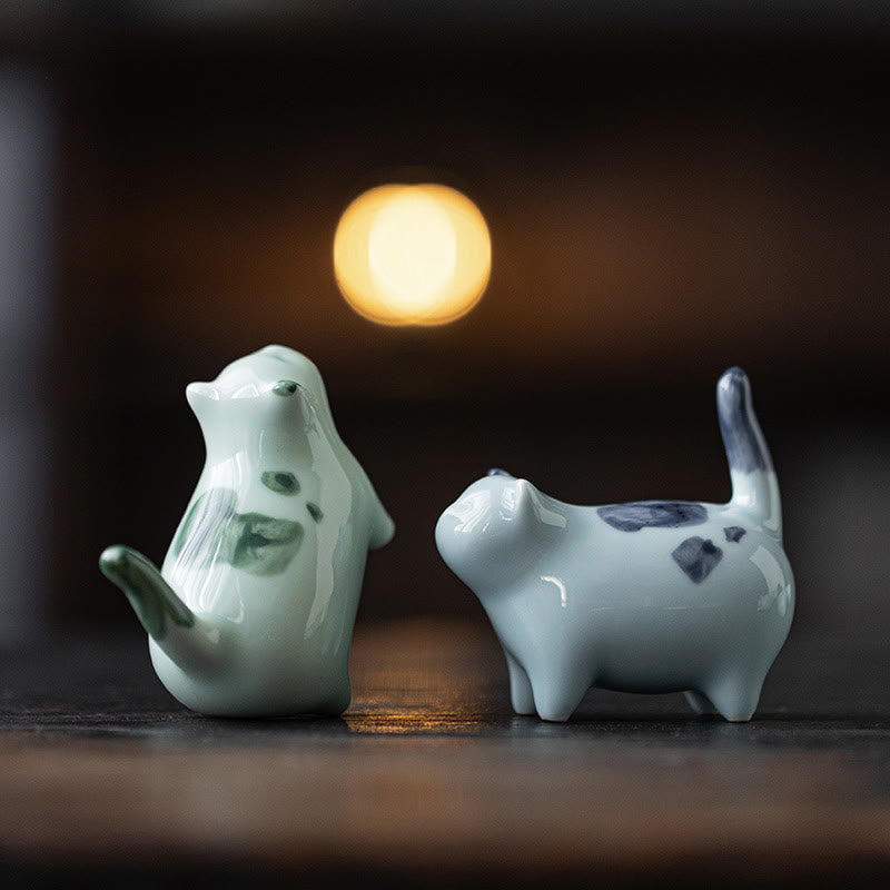 Buddha Stones Mini Lucky Cute Spotted Standing Cat Sleeping Kitten Ceramic Figurine Decoration - image 17