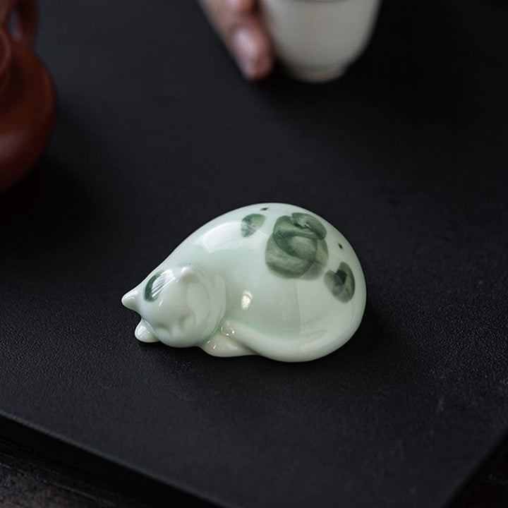 Buddha Stones Mini Lucky Cute Spotted Standing Cat Sleeping Kitten Ceramic Figurine Decoration - image 20