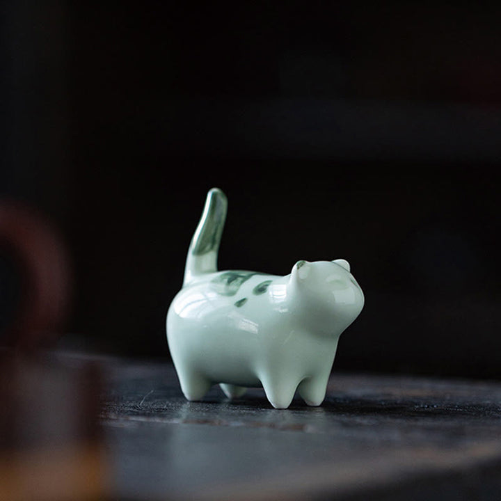 Buddha Stones Mini Lucky Cute Spotted Standing Cat Sleeping Kitten Ceramic Figurine Decoration - image 7