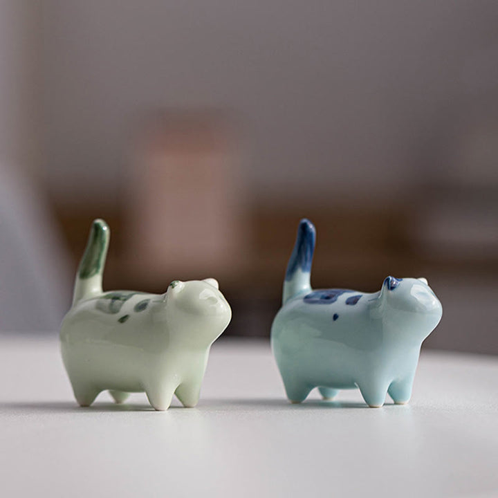 Buddha Stones Mini Lucky Cute Spotted Standing Cat Sleeping Kitten Ceramic Figurine Decoration - image 16
