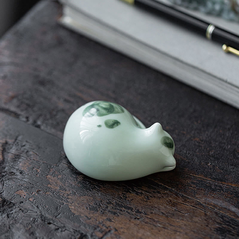Buddha Stones Mini Lucky Cute Spotted Standing Cat Sleeping Kitten Ceramic Figurine Decoration - image 21