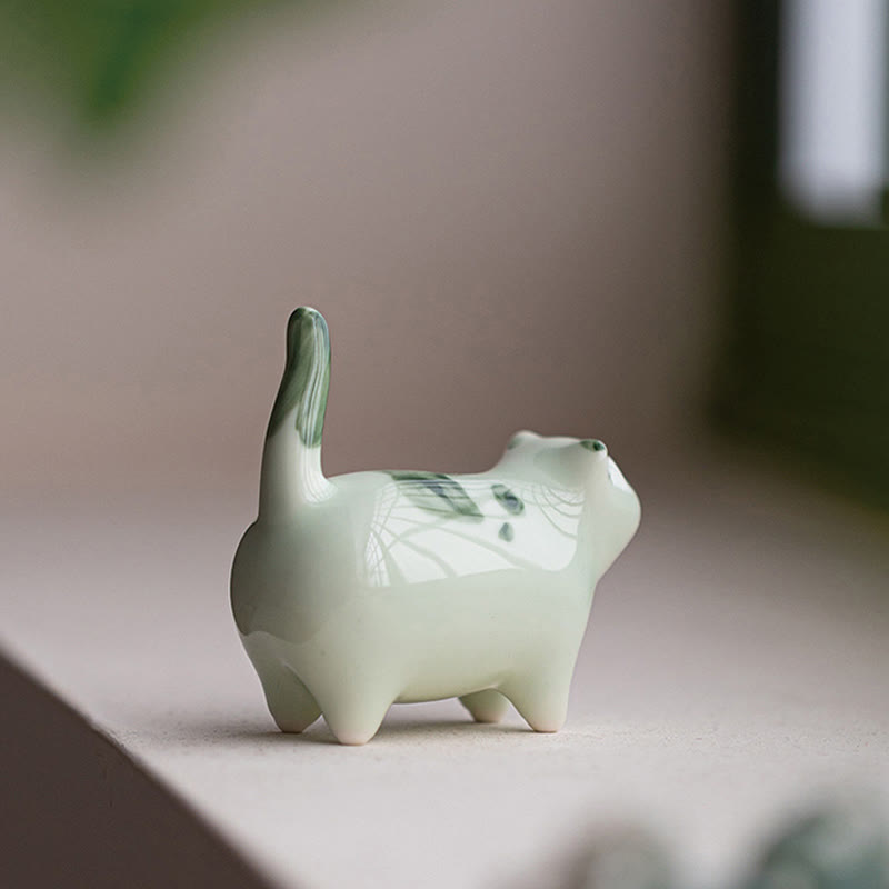 Buddha Stones Mini Lucky Cute Spotted Standing Cat Sleeping Kitten Ceramic Figurine Decoration - image 3