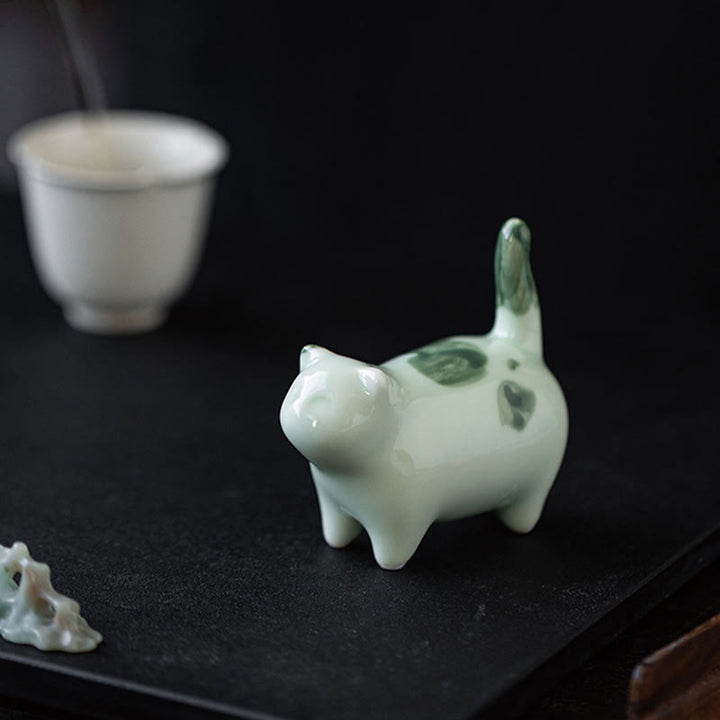 Buddha Stones Mini Lucky Cute Spotted Standing Cat Sleeping Kitten Ceramic Figurine Decoration - image 6