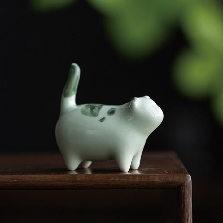 Buddha Stones Mini Lucky Cute Spotted Standing Cat Sleeping Kitten Ceramic Figurine Decoration - Green Standing Cat 7.7*4.3*7.7cm - image 0