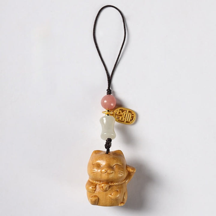 Buddha Stones Small Leaf Red Sandalwood Green Sandalwood Sandalwood Lucky Cat Protection Key Chain Phone Hanging Decoration - Sandalwood - Phone Hanging Decoration - image 19