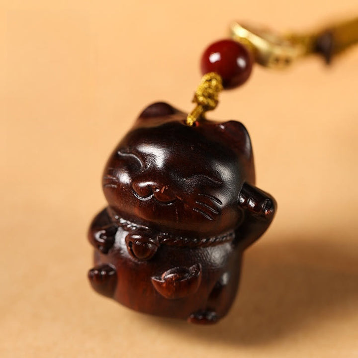 Buddha Stones Small Leaf Red Sandalwood Green Sandalwood Sandalwood Lucky Cat Protection Key Chain Phone Hanging Decoration - image 7