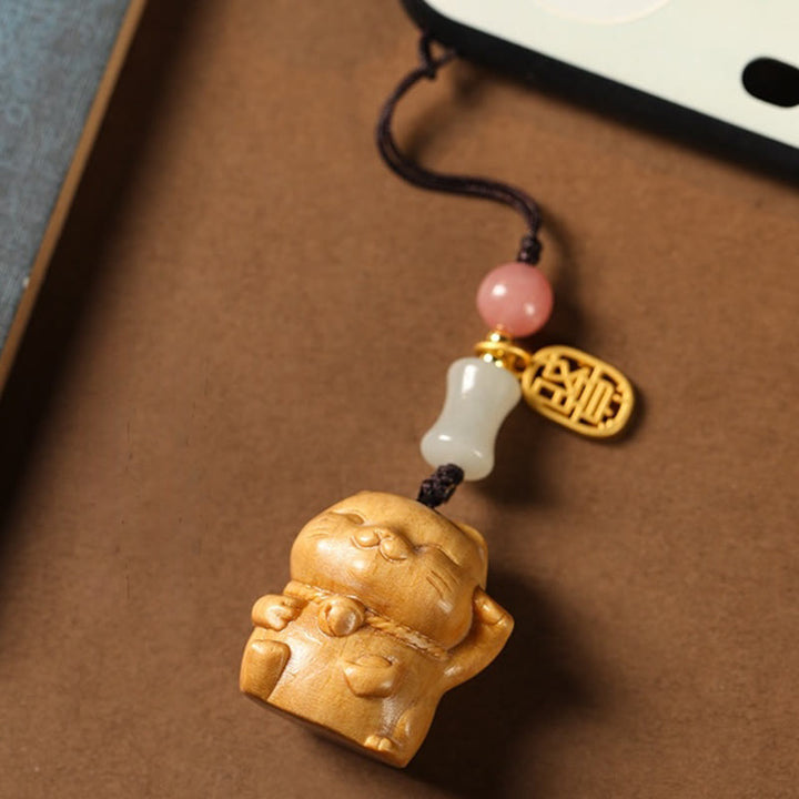 Buddha Stones Small Leaf Red Sandalwood Green Sandalwood Sandalwood Lucky Cat Protection Key Chain Phone Hanging Decoration - image 20