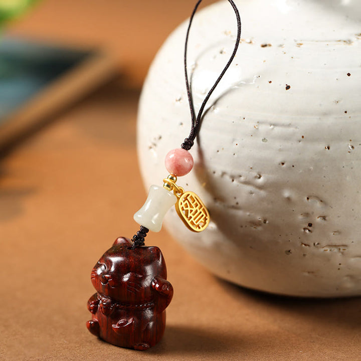 Buddha Stones Small Leaf Red Sandalwood Green Sandalwood Sandalwood Lucky Cat Protection Key Chain Phone Hanging Decoration - image 11