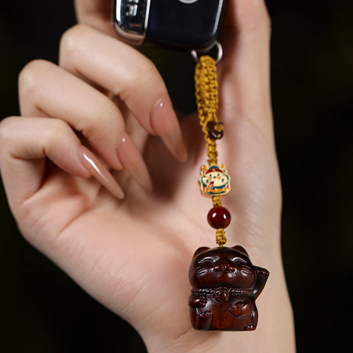 Buddha Stones Small Leaf Red Sandalwood Green Sandalwood Sandalwood Lucky Cat Protection Key Chain Phone Hanging Decoration - image 4