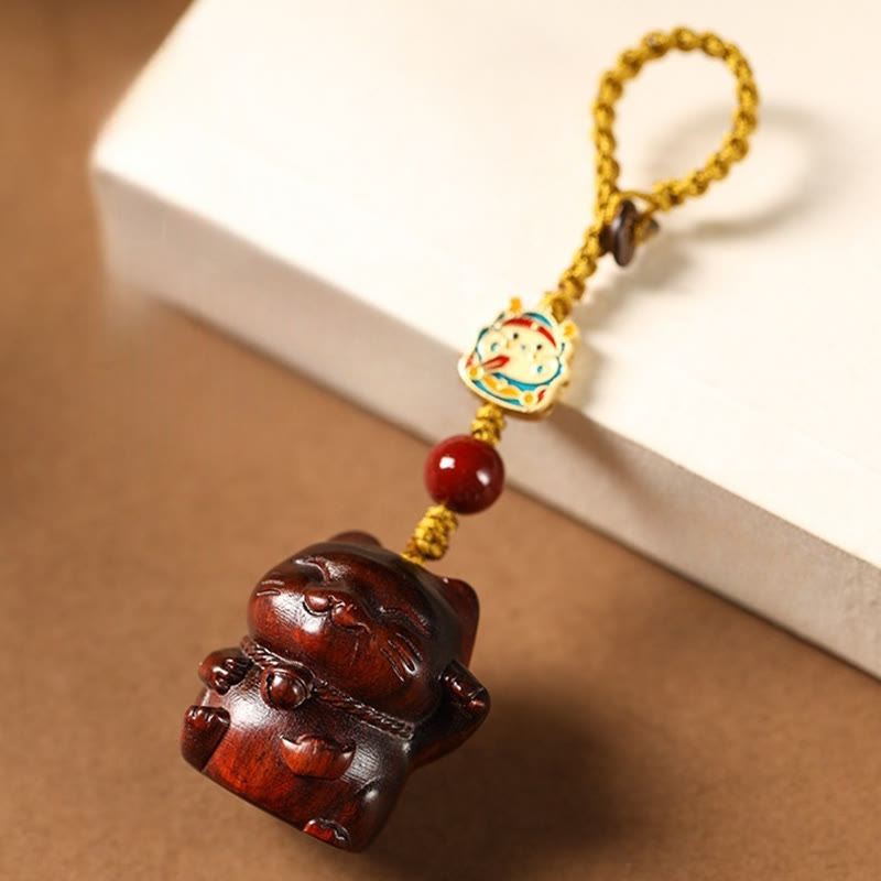 Buddha Stones Small Leaf Red Sandalwood Green Sandalwood Sandalwood Lucky Cat Protection Key Chain Phone Hanging Decoration - Small Leaf Red Sandalwood - Key Chain - image 1