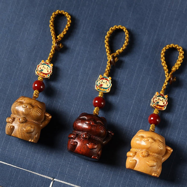 Buddha Stones Small Leaf Red Sandalwood Green Sandalwood Sandalwood Lucky Cat Protection Key Chain Phone Hanging Decoration - image 2