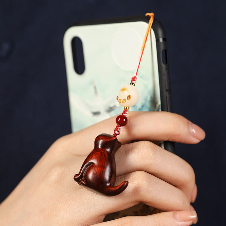 Buddha Stones Small Leaf Red Sandalwood Green Sandalwood Sandalwood Sitting Cat Sooth Phone Hanging Decoration - image 3
