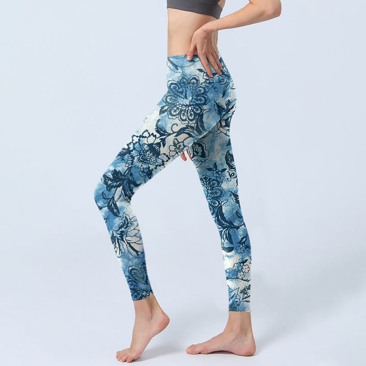 Buddha Stones Peony Chrysanthemum Print Gym Leggings Women's Yoga Pants - image 2