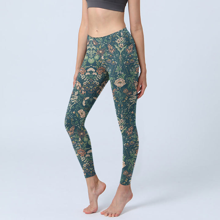 Buddha Stones Green Stitching Flowers Vines Pattern Print Gym Leggings Women's Yoga Pants - Teal - US18，UK/AU22，EU50 (4XL) - image 1