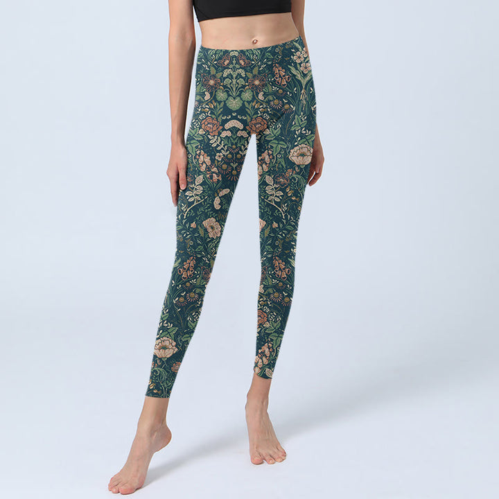 Buddha Stones Green Stitching Flowers Vines Pattern Print Gym Leggings Women's Yoga Pants - image 6