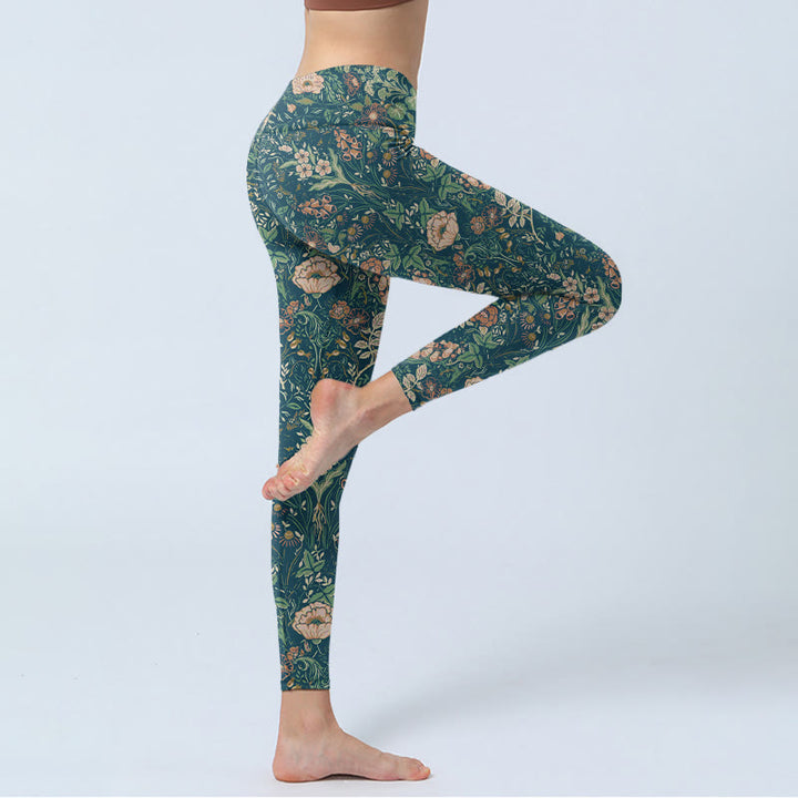 Buddha Stones Green Stitching Flowers Vines Pattern Print Gym Leggings Women's Yoga Pants - image 4