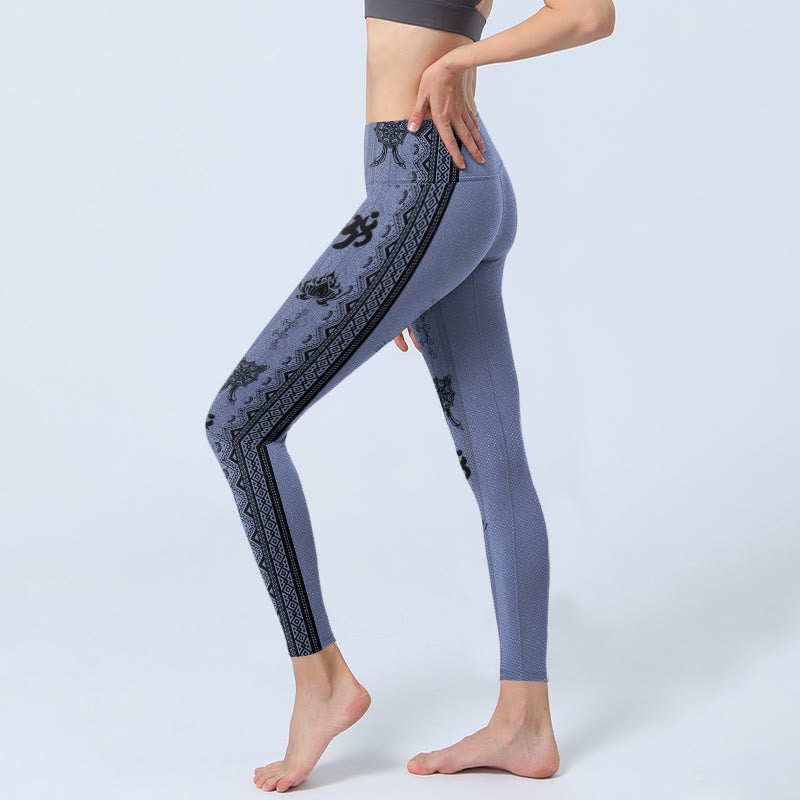 Buddha Stones Blue Stitching Sanskrit Word Om Lotus Pattern Print Gym Leggings Women's Yoga Pants - image 2
