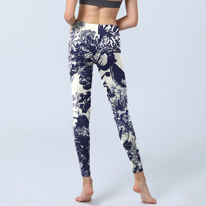 Buddha Stones White Stitching Flowers Leaves Birds Butterfly Pattern Print Gym Leggings Women's Yoga Pants - image 6