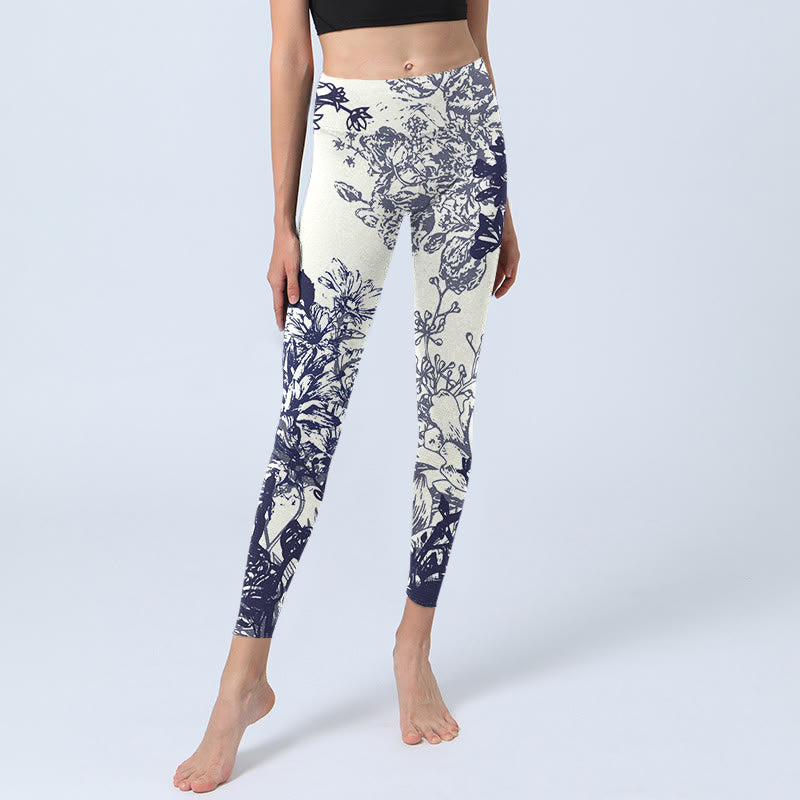 Buddha Stones White Stitching Flowers Leaves Birds Butterfly Pattern Print Gym Leggings Women's Yoga Pants - image 5