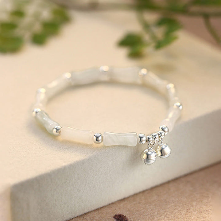 Buddha Stones 925 Sterling Silver Natural White Jade Bamboo Bell Charm Luck Happiness Bracelet - image 1