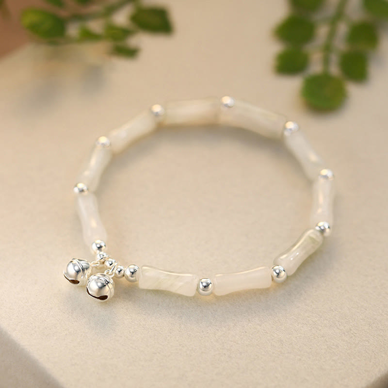 Buddha Stones 925 Sterling Silver Natural White Jade Bamboo Bell Charm Luck Happiness Bracelet - image 2