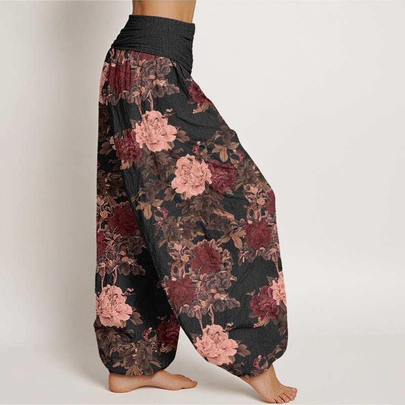 Buddha Stones Casual Lush Peony Flowers Leaf Pattern Women's Elastic Waist Harem Pants - image 2